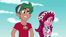 Size: 1280x720 | Tagged: safe, screencap, gloriosa daisy, timber spruce, equestria girls, g4, my little pony equestria girls: legend of everfree, clothes, grin, scarf, smiling