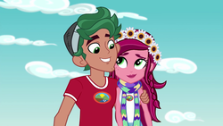 Size: 1280x720 | Tagged: safe, screencap, gloriosa daisy, timber spruce, equestria girls, g4, my little pony equestria girls: legend of everfree, clothes, hug, scarf, smiling