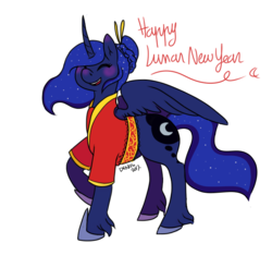 Size: 790x741 | Tagged: safe, artist:denkis, princess luna, pony, g4, alternate hairstyle, clothes, eyes closed, female, hair bun, happy, lunar new year, raised hoof, simple background, solo, spread wings, transparent background, unshorn fetlocks