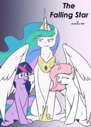 Size: 1000x1400 | Tagged: safe, artist:lrusu, princess celestia, twilight sparkle, oc, g4, comic cover, cover art, hug, sitting, spread wings, winghug