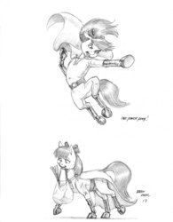 Size: 1100x1410 | Tagged: safe, artist:baron engel, apple bloom, earth pony, pony, g4, anime, bag, clothes, costume, crossover, cute, female, filly, grayscale, groceries, monochrome, mouth hold, one punch man, pencil drawing, simple background, sketch, smiling, solo, traditional art, white background