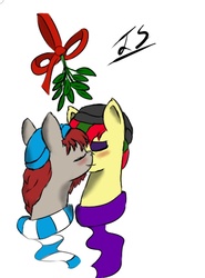 Size: 634x857 | Tagged: safe, artist:sun-yehoshua, oc, oc only, oc:attraction, oc:ponepony, attypone, beanie, clothes, couple, eyeshadow, hat, makeup, male, mistletoe, oc x oc, scarf, shipping, simple background, straight, white background