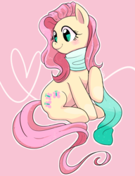 Size: 800x1040 | Tagged: safe, artist:ebooleant, fluttershy, pony, g4, blushing, clothes, cute, female, looking away, raised hoof, scarf, shyabetes, sitting, smiling, solo, turned head
