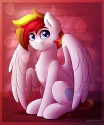 Size: 2000x2400 | Tagged: safe, artist:spirit-dude, oc, oc only, oc:white wing, pegasus, pony, chest fluff, commission, freckles, high res, looking at you, male, pegasus oc, raised hoof, sitting, smiling, solo, stallion, wings