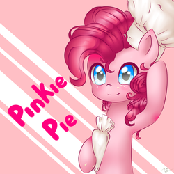 Size: 1400x1400 | Tagged: safe, artist:zukiq314, pinkie pie, earth pony, pony, g4, bipedal, chef's hat, cute, diapinkes, female, hat, looking at you, mare, name, smiling, solo