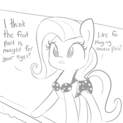 Size: 1080x1080 | Tagged: safe, artist:tjpones, fluttershy, pony, g4, bikini, bra on pony, clothes, confused, dialogue, female, grayscale, innocent, marco polo, monochrome, open mouth, painfully innocent fluttershy, silly, silly pony, sketch, solo, swimming pool, swimsuit