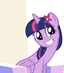 Size: 1976x2249 | Tagged: safe, artist:cyanlightning, derpibooru exclusive, twilight sparkle, alicorn, pony, g4, to where and back again, animated, blinking, cute, eye shimmer, female, flower, flower in hair, gif, grin, simple background, sitting, smiling, solo, squee, throne, transparent background, twiabetes, twilight sparkle (alicorn)