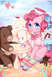 Size: 1181x1748 | Tagged: safe, artist:nitrogenowo, pinkie pie, earth pony, pony, g4, cake, camera shot, clothes, dessert, female, food, hat, looking at you, sitting, socks, solo, striped socks, teddy bear, tongue out