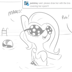 Size: 1080x1080 | Tagged: safe, artist:tjpones, fluttershy, pony, g4, ask, beach ball, bikini, bikini top, blindfold, bra on pony, clothes, female, grayscale, marco polo, monochrome, open mouth, silly, silly pony, sketch, smiling, solo, swimming, swimsuit, tumblr