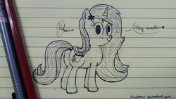 Size: 4128x2322 | Tagged: dead source, safe, artist:php142, oc, oc only, pony, unicorn, butt, flower, flower in hair, freckles, high res, lined paper, long mane, plot, pretty, smiling, solo, traditional art