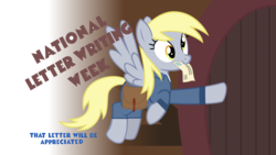 Size: 1920x1080 | Tagged: safe, artist:thewastelandtrader, derpy hooves, pegasus, pony, fallout equestria, g4, female, gradient background, letter, mailbag, mailmare, outfit, saddle bag, solo, text