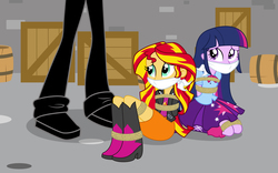Size: 4800x3000 | Tagged: safe, artist:songokussjsannin8000, sunset shimmer, twilight sparkle, oc, human, equestria girls, g4, bondage, boots, cloth gag, clothes, equestria girls-ified, gag, high heel boots, high res, jacket, kidnapped, leather jacket, leg warmers, pants, pleated skirt, ropes, shoes, show accurate, sitting, size difference, skirt, tied up