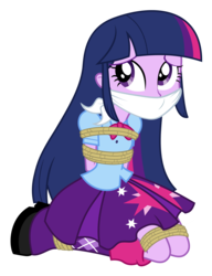 Size: 2300x3000 | Tagged: safe, artist:songokussjsannin8000, twilight sparkle, equestria girls, g4, bondage, cloth gag, clothes, female, gag, high res, leg warmers, pleated skirt, ropes, shoes, show accurate, simple background, skirt, solo, tied up, transparent background