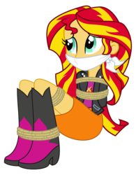 Size: 2500x3200 | Tagged: safe, artist:songokussjsannin8000, sunset shimmer, equestria girls, g4, bondage, boots, boots bondage, cloth gag, clothes, female, gag, high heel boots, high heels, high res, jacket, leather jacket, ropes, show accurate, simple background, sitting, skirt, solo, tied up, transparent background