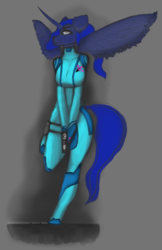 Size: 2276x3508 | Tagged: safe, artist:itzdatag0ndray, princess luna, alicorn, anthro, unguligrade anthro, g4, angry, breasts, busty princess luna, ear fluff, female, gun, high res, metroid, nintendo, simple background, solo, weapon, zero suit