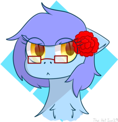 Size: 960x993 | Tagged: safe, artist:the-hot-ice29, oc, oc only, pony, :<, abstract background, bust, chest fluff, colored pupils, floppy ears, flower, flower in hair, glasses, portrait, simple background, solo, transparent background