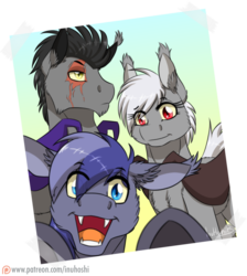 Size: 900x1005 | Tagged: safe, artist:inuhoshi-to-darkpen, oc, oc only, oc:night storm, oc:onyx stone, oc:silver star, bat pony, pony, blue eyes, cute, ear fluff, fangs, female, floppy ears, looking at you, male, mare, open mouth, patreon, patreon logo, photo, red eyes, scar, signature, slit pupils, smiling, stallion, trio