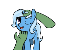 Size: 1138x926 | Tagged: safe, artist:neuro, trixie, oc, oc:anon, human, pony, unicorn, g4, chin scratch, cute, diatrixes, hand, human on pony petting, looking at you, one eye closed, petting, simple background, solo focus, transparent background