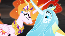 Size: 6000x3375 | Tagged: safe, artist:orin331, edit, edited screencap, screencap, nightmare star, princess celestia, queen chrysalis, changedling, changeling, changeling queen, g4, the cutie re-mark, to where and back again, absurd resolution, alternate timeline, alternate universe, ashlands timeline, barren, evil, good, good vs evil, implied genocide, mane of fire, orin's chrysalis, post-apocalyptic, purified chrysalis, role reversal, wasteland