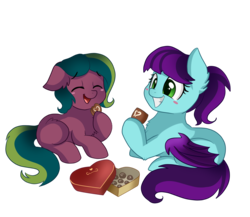 Size: 1791x1557 | Tagged: safe, artist:pridark, oc, oc only, bat pony, earth pony, pony, box of chocolates, chest fluff, chocolate, commission, cute, duo, ear fluff, eyes closed, food, heart shaped box, hoof hold, open mouth, simple background, transparent background
