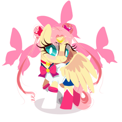 Size: 2449x2449 | Tagged: safe, artist:peachesandcreamated, fluttershy, pony, g4, bashful, blush sticker, blushing, clothes, cosplay, costume, cutie mark background, female, high res, looking away, looking down, sailor moon (series), simple background, solo, spread wings, white background