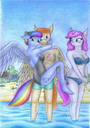 Size: 1637x2329 | Tagged: safe, artist:sinaherib, oc, oc only, oc:amber earring, oc:rainfall, oc:summer wind, pegasus, unicorn, anthro, plantigrade anthro, beach, bikini, clothes, female, male, mare, ocean, offspring, one-piece swimsuit, open-back swimsuit, parent:big macintosh, parent:fancypants, parent:fluttershy, parent:rainbow dash, parent:rarity, parent:soarin', parents:fluttermac, parents:raripants, parents:soarindash, partial nudity, stallion, swimsuit, topless, traditional art, water