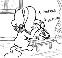 Size: 640x600 | Tagged: safe, artist:ficficponyfic, oc, oc only, oc:emerald jewel, pony, colt quest, backpack, bandana, blank flank, child, colt, foal, male, monochrome, potted plant, solo, story included, table, vase, window