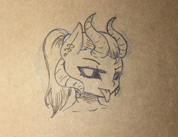 Size: 1280x990 | Tagged: safe, artist:elzzombie, rainbow dash, demon, anthro, g4, bust, ear piercing, female, horns, looking at you, monochrome, piercing, portrait, solo, tongue out, traditional art