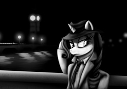 Size: 3508x2480 | Tagged: safe, artist:athos01, rarity, pony, g4, clothes, detective rarity, female, high res, monochrome, solo, water