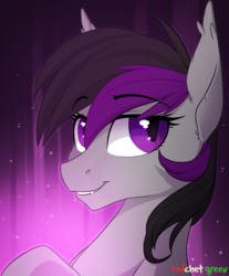 Size: 1204x1457 | Tagged: safe, artist:redchetgreen, oc, oc only, bat pony, pony, fangs, female, gradient background, looking at you, mare, purple eyes, raised hoof, simple background, slit pupils, smiling, solo