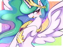 Size: 1400x1050 | Tagged: safe, artist:haden-2375, princess celestia, alicorn, pony, g4, blushing, crown, female, hair over one eye, jewelry, looking at you, mare, open mouth, raised hoof, regalia, smiling, solo, spread wings