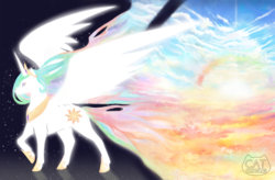 Size: 1313x863 | Tagged: safe, artist:catcrossing, princess celestia, alicorn, pony, g4, female, raised hoof, solo, spread wings