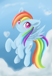 Size: 1363x1984 | Tagged: safe, artist:dusthiel, rainbow dash, pony, g4, blushing, cloud, colored pupils, female, flying, heart, solo
