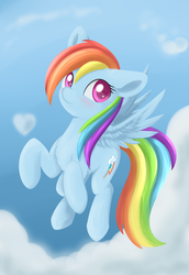 Size: 1363x1984 | Tagged: safe, artist:dusthiel, rainbow dash, pegasus, pony, g4, blushing, cloud, colored pupils, female, flying, heart, mare, solo, spread wings, wings