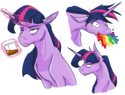 Size: 1656x1268 | Tagged: safe, artist:cranberry--zombie, twilight sparkle, pony, mentally advanced series, g4, alcohol, female, floppy ears, glass, lightly watermarked, puking rainbows, simple background, solo, transparent background, unamused, watermark, whiskey