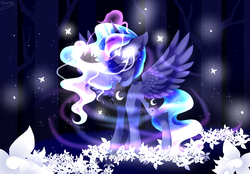 Size: 3600x2500 | Tagged: safe, artist:huirou, princess luna, pony, g4, angry, crown, crying, female, flower, forest, glowing, glowing eyes, high res, jewelry, magic, regalia, solo, spread wings, tree, white eyes