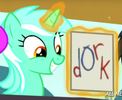 Size: 818x666 | Tagged: safe, edit, edited screencap, editor:mrdoctorderpy, screencap, lyra heartstrings, pony, unicorn, g4, leap of faith, season 4, dork, ed edd n eddy, female, image macro, insult, lyra's score, magic, meme, rock-a-bye ed, sign, solo