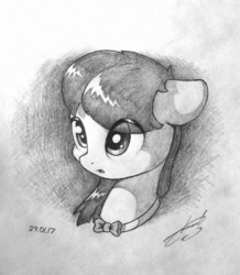 Size: 1032x1184 | Tagged: safe, artist:freeedon, octavia melody, earth pony, pony, g4, bowtie, bust, female, floppy ears, grayscale, looking at something, monochrome, open mouth, pencil drawing, portrait, solo, traditional art
