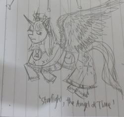 Size: 2464x2320 | Tagged: safe, artist:horsesplease, photographer:horsesplease, starlight glimmer, alicorn, angel, pony, g4, alicornified, clothes, dress, eyes closed, flying, frown, high res, hourglass, jewelry, lined paper, race swap, roman numerals, sad, spread wings, starlicorn, this will end in timeline distortion, tiara, time, traditional art, unshorn fetlocks, xk-class end-of-the-world scenario