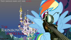 Size: 1920x1080 | Tagged: safe, artist:dash2600, rainbow dash, pegasus, pony, g4, canterlot, female, gun, hooves, jason bourne, mare, movie poster, one eye closed, optical sight, rifle, sniper rifle, solo, spread wings, text, the bourne supremacy, weapon, wings