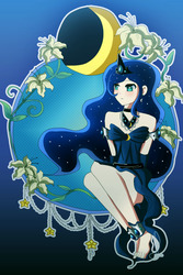 Size: 800x1200 | Tagged: safe, artist:lezzette, princess luna, human, g4, anklet, barefoot, blushing, choker, clothes, colored pupils, cute, dress, feet, female, flower, frown, humanized, jewelry, necklace, sitting, solo