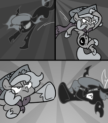 Size: 666x761 | Tagged: safe, artist:egophiliac, princess luna, oc, oc:imogen, alicorn, changeling, changeling queen, pony, moonstuck, g4, cartographer's cap, changeling queen oc, female, filly, grayscale, hat, jumping, marauder's mantle, monochrome, sunburst background, woona, younger