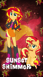 Size: 1080x1920 | Tagged: safe, artist:xxmaxterxx, sunset shimmer, human, pony, equestria girls, g4, boots, clothes, female, high heel boots, human ponidox, jacket, leather jacket, self ponidox, skirt, solo, sun