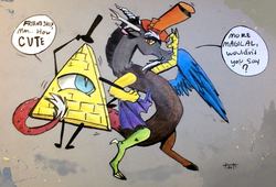 Size: 971x659 | Tagged: safe, artist:pepperscratch, discord, g4, bill cipher, crossover, dialogue, duo, gravity falls, hat, lidded eyes, looking at each other, looking back, male, spread wings, top hat, traditional art