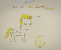 Size: 977x793 | Tagged: safe, artist:sumi-mlp25, lightning dust, chicken, pony, g4, ..., female, new year, solo, traditional art