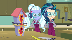 Size: 1280x720 | Tagged: safe, screencap, indigo zap, sugarcoat, equestria girls, g4, my little pony equestria girls: friendship games, bird house, crosscut saw, goggles, overalls, saw