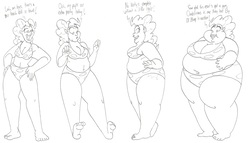 Size: 3673x2105 | Tagged: safe, artist:catstuxedo, pinkie pie, human, g4, bikini, chubby, clothes, fat, high res, humanized, monochrome, obese, piggy pie, pudgy pie, speech bubble, swimsuit, weight gain
