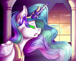 Size: 3500x2832 | Tagged: safe, artist:vavaig69, princess celestia, pony, g4, dark magic, female, frown, glowing eyes, gritted teeth, high res, jewelry, magic, nose wrinkle, peytral, profile, solo, sombra eyes, stars, tiara, twilight (astronomy), window