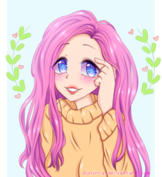 Size: 1024x1120 | Tagged: safe, artist:bunirra, fluttershy, human, g4, blue eyes, blushing, clothes, digital art, female, humanized, light skin, pink hair, smiling, solo, starry eyes, sweater, sweatershy, teeth, wingding eyes, yellow sweater