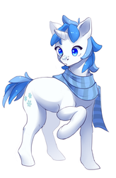 Size: 1251x1903 | Tagged: safe, artist:hoatzzin, oc, oc only, oc:winter nights, pony, unicorn, blue eyes, blue mane, blue tail, clothes, cutie mark, digital art, female, hooves, mane, messy mane, messy tail, scarf, shading, short mane, short tail, snow, snowflake, solo, spiky mane, spiky tail, tail